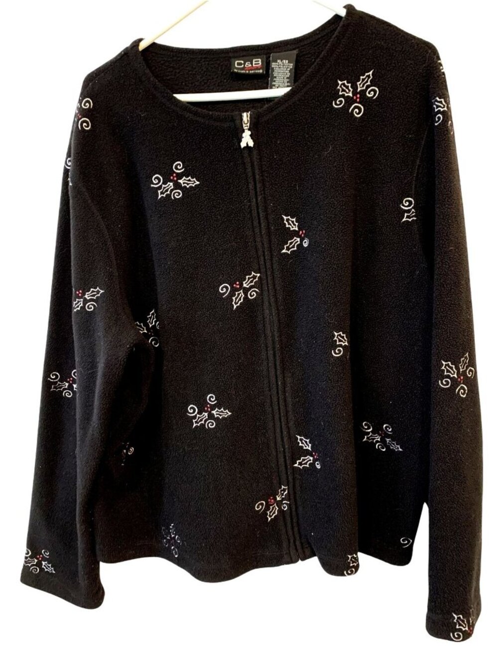 C&B Sport XL Black Fleece Zip Jacket Holly Embroidered Christmas Holiday Cozy
